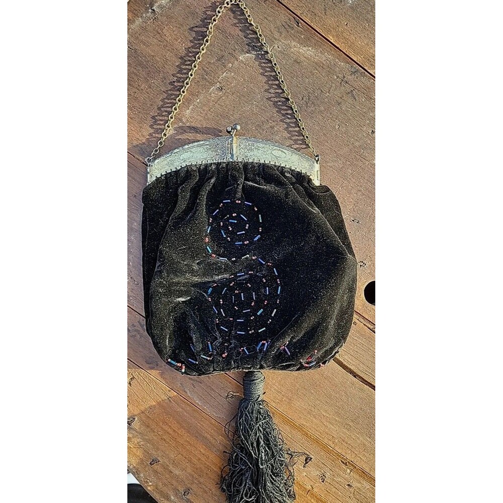 Vintage Black Velvet Purse/Pouch Handbag Opera Bag Early 1900's Beaded Gold Tone